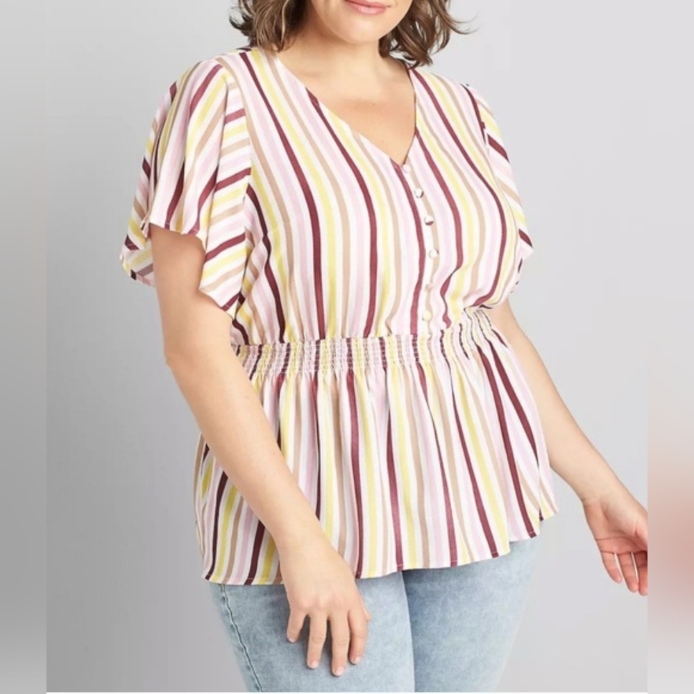 Striped Button Front Babydoll Shirt in Yellow, Pink and Burgundy‎ Plus
